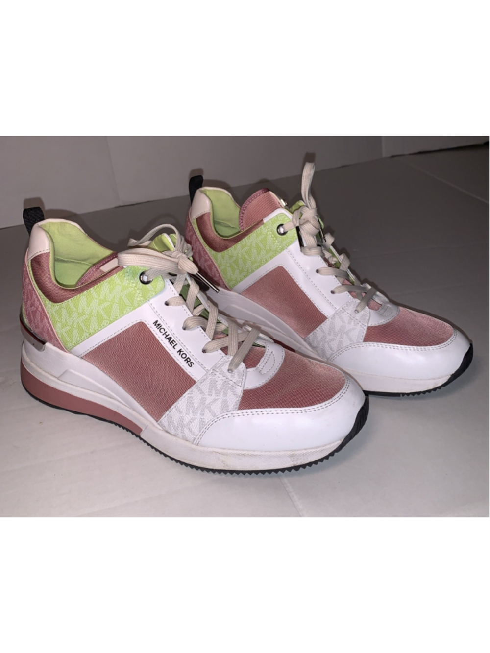 Michael Kors Liv Trainer Sneakers Pink/Yellow 11 M Leather Upper Rubber Sole